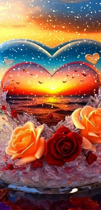 A heart-shaped crystal encases a sunset over the ocean with roses and vibrant colors.