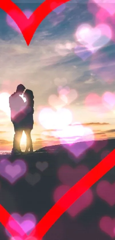 Romantic sunset with couple inside a heart-shaped silhouette.