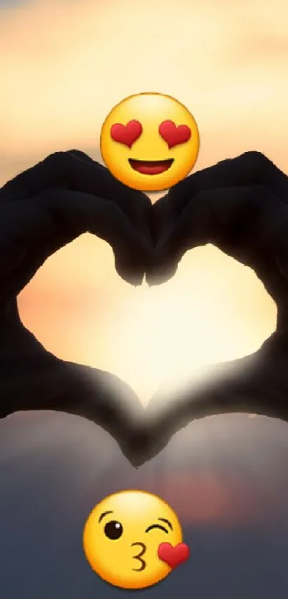 Heart-shaped hands at sunset with love emojis