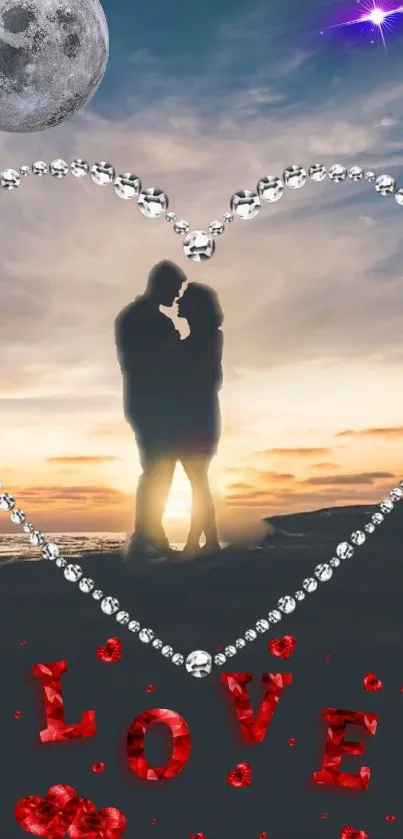 Silhouetted couple in heart at sunset with 'Love' text.