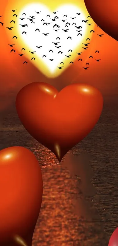 Romantic sunset wallpaper with floating hearts.