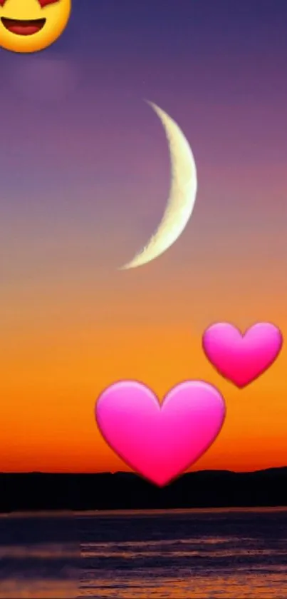 Crescent moon and pink hearts in a vibrant sunset sky.