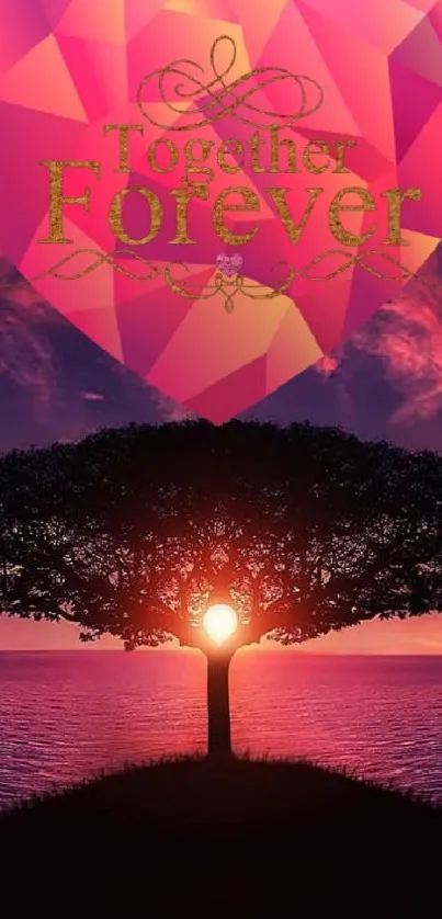Romantic pink heart over ocean sunset with tree silhouette.
