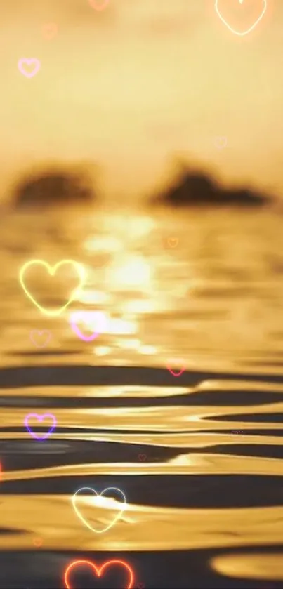 Romantic sunset with hearts over a golden ocean scene.