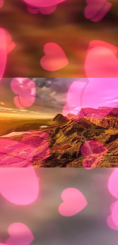 Romantic sunset over mountains with floating pink hearts in the foreground.