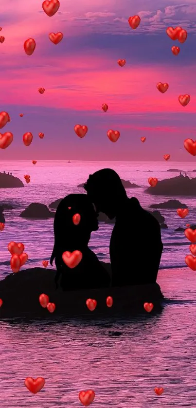 Silhouetted couple at sunset surrounded by red hearts.
