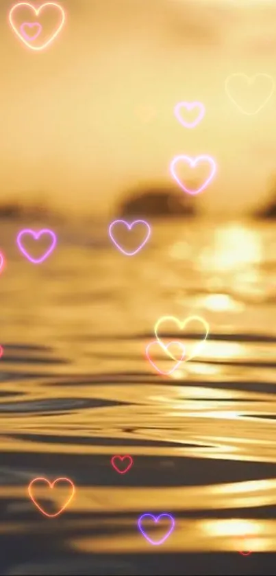 Sunset ocean waves with glowing heart shapes overlay.