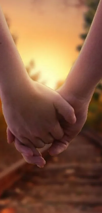 Two hands holding at sunset over railroad tracks.