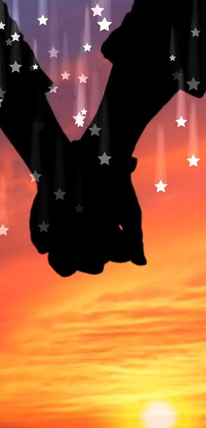 Silhouette of couple holding hands at sunset with stars.