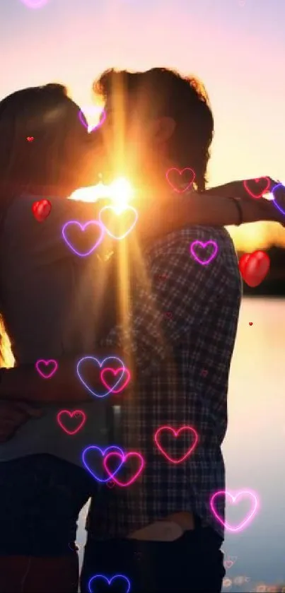 Couple sharing a sunset kiss by the lake.