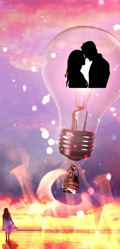 Romantic couple in light bulb with sunset background.