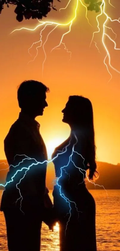 Silhouette of couple with sunset and lightning over a lake.