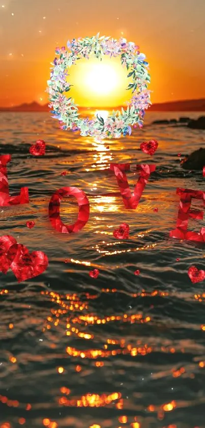 Romantic sunset wallpaper with love message and floral heart on ocean backdrop.