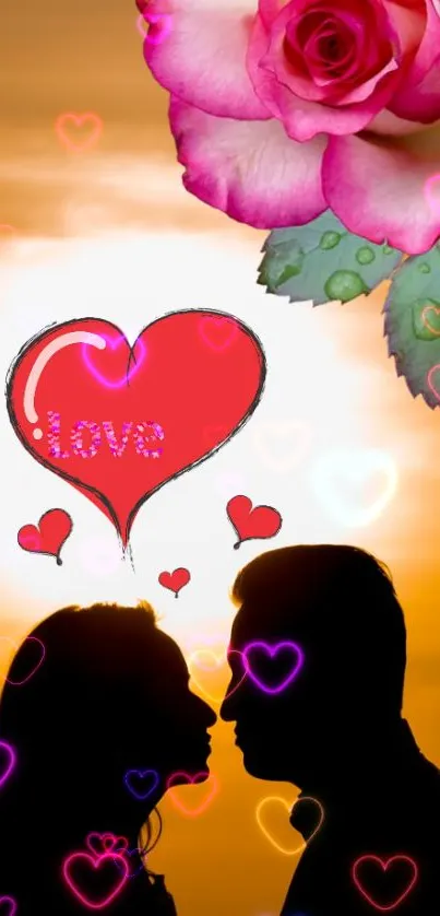 Romantic sunset wallpaper with love silhouettes and hearts.