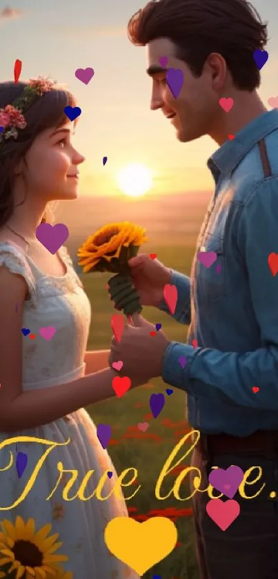 A couple holding sunflowers at sunset, symbolizing true love.