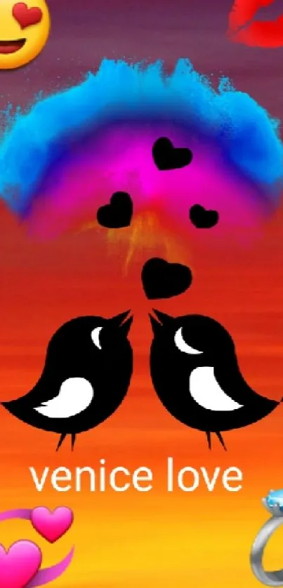 Romantic sunset with lovebird silhouettes and emojis.