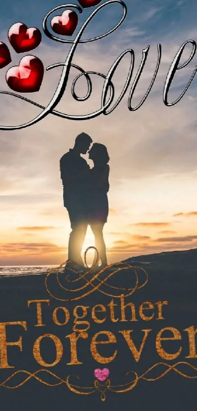 Romantic wallpaper with couple silhouette at sunset and text 'Together Forever'.