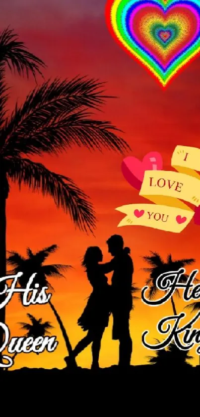 Silhouette couple at sunset with love message.