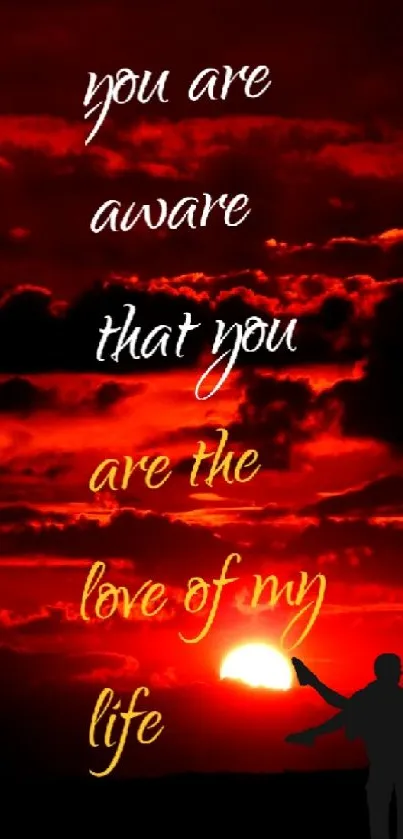 Romantic sunset mobile wallpaper with love message and silhouettes.