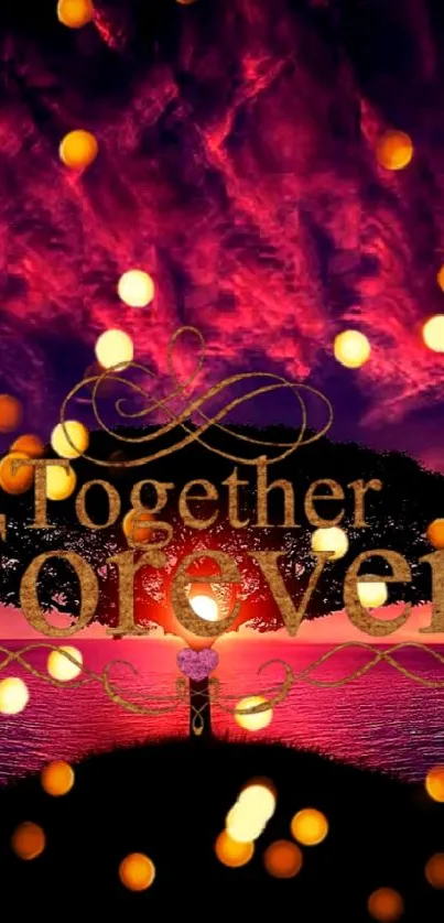 Romantic sunset wallpaper with 'Together Forever' text, perfect for phones.