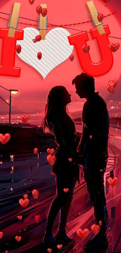 Romantic couple silhouetted with hearts and vibrant red sunset.