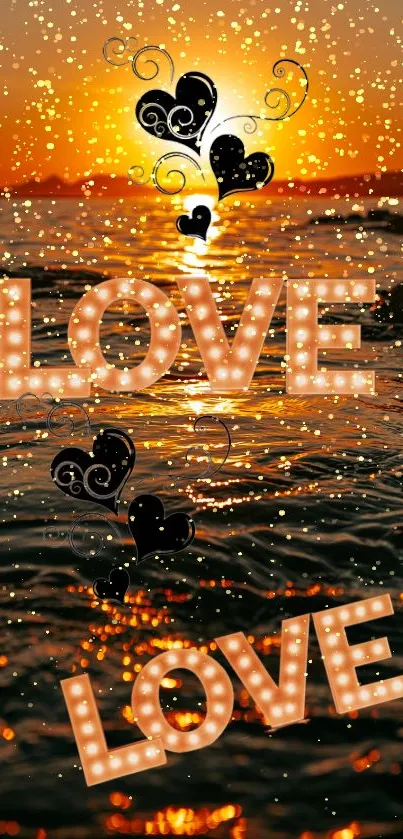 Sunset love wallpaper with hearts and glowing text over sparkling ocean.