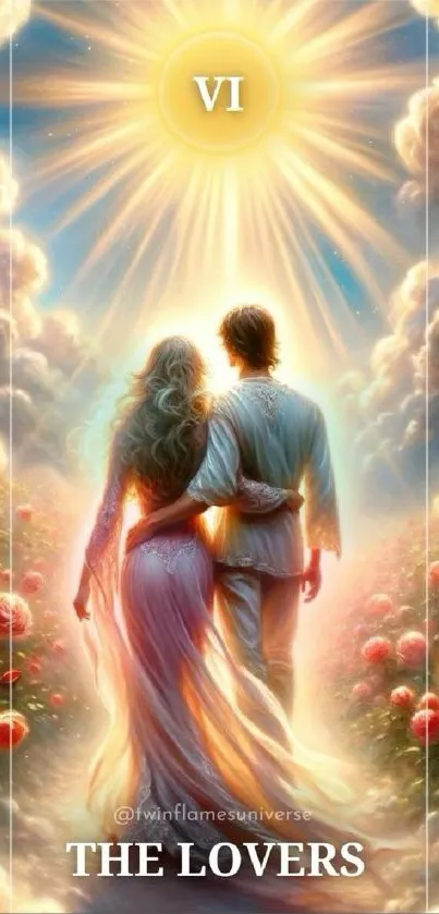 Lovers under a radiant sunset illustration, surrounded by clouds and roses.