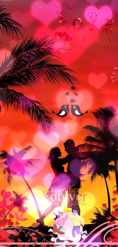 Silhouetted couple under palm trees with a vibrant sunset backdrop.