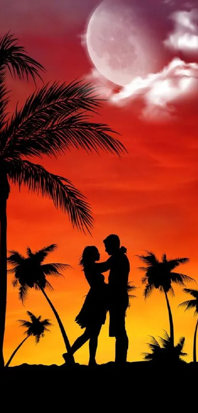 Romantic sunset with couple and palm trees, vibrant orange hues.