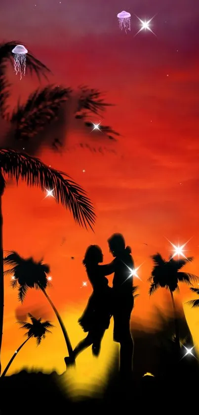 Romantic sunset wallpaper with a silhouetted couple and palm trees.