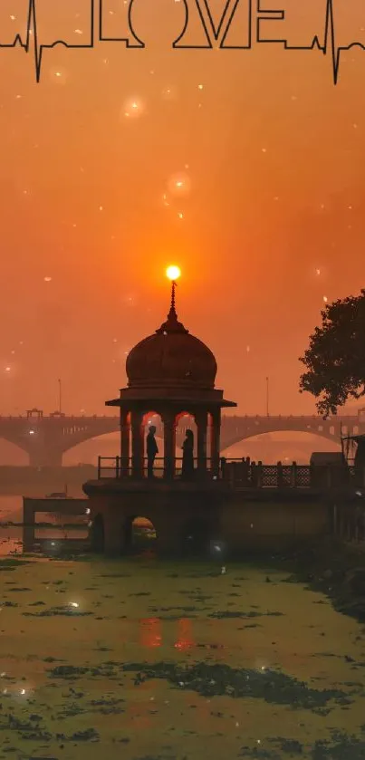 Romantic sunset over a riverside temple with a love-themed design.