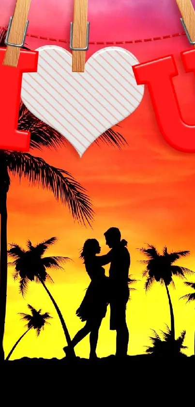 Romantic sunset wallpaper with couple silhouette and I Love U message.