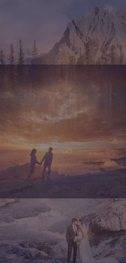 Romantic couple at sunset with mountains.