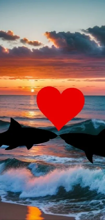 Sunset ocean scene with sharks and heart over waves.