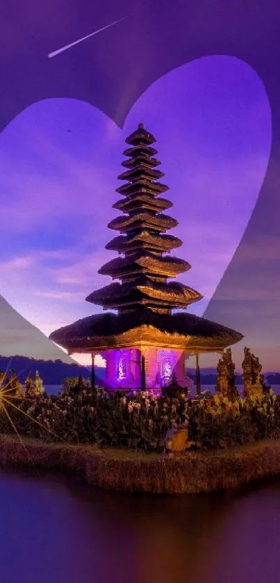 Pagoda with heart overlay during a vibrant purple sunset on a tranquil island.