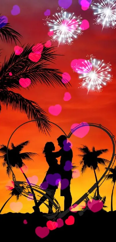Silhouetted couple with palms at sunset, fireworks in the sky.