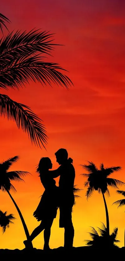 Romantic sunset silhouette wallpaper with palm trees.