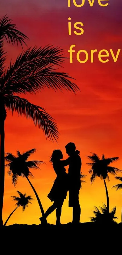 Silhouetted couple with palm trees at a romantic sunset.