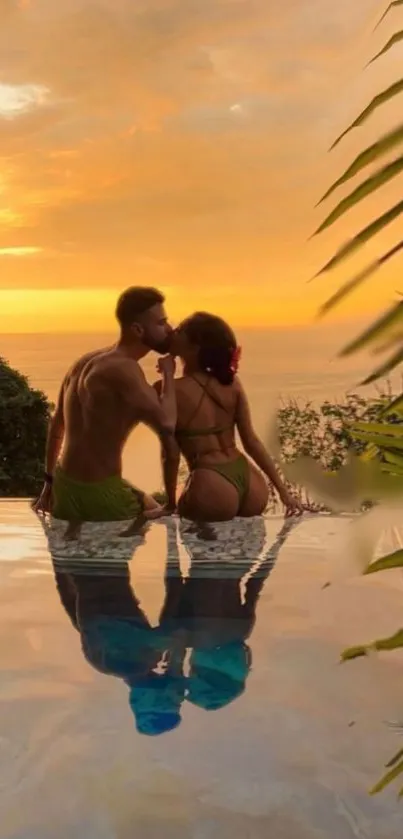 Couple enjoying sunset by infinity pool with tropical view.