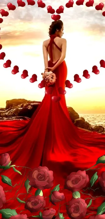 Woman in red gown with roses at sunset.