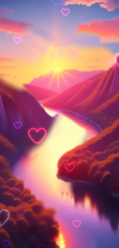 Romantic sunset over river with pink hearts and vibrant colors.