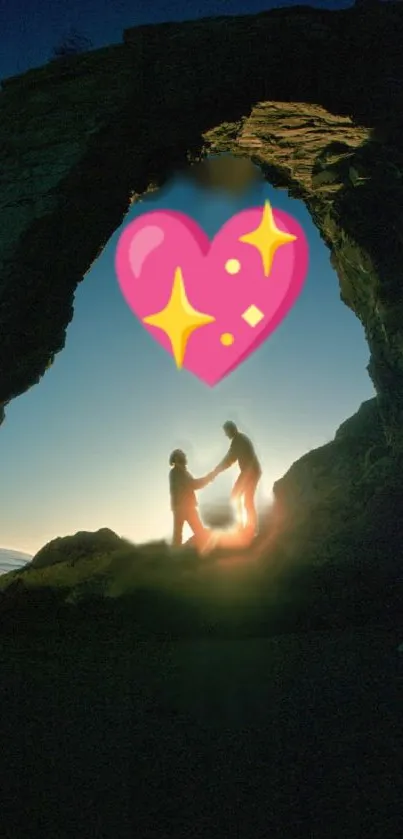 Couple silhouette under rock arch at sunset with heart symbol.