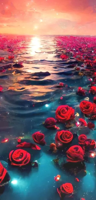 Vibrant red roses on ocean under a romantic sunset sky.