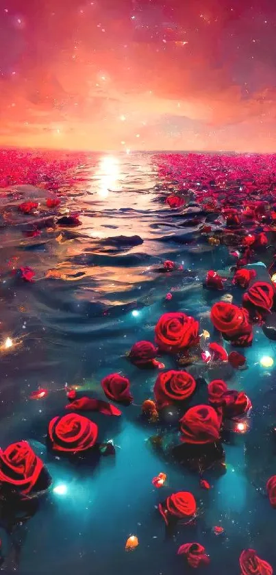 Romantic sunset over ocean with floating red roses.