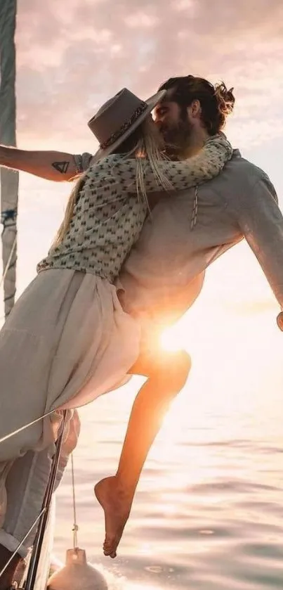 Couple embracing on a sailboat at sunset with a serene ocean backdrop.