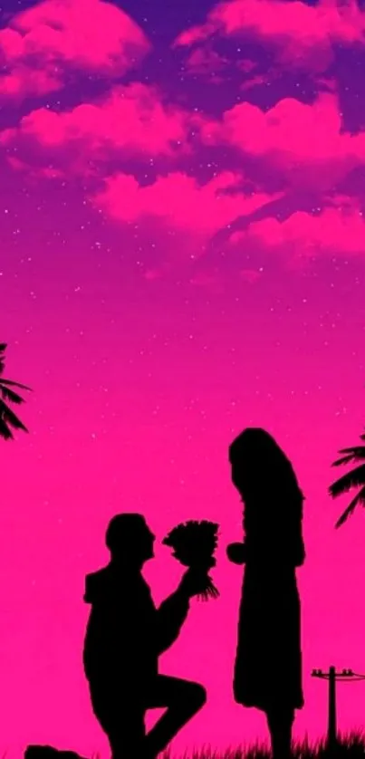 Romantic silhouette against a pink and purple sunset sky with palm trees.