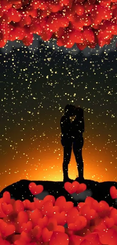 Romantic couple silhouette with sunset sky and hearts.