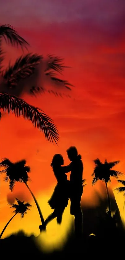 Silhouette of couple with palm trees against a vibrant sunset sky.