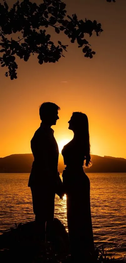 Romantic silhouette of couple at sunset over tranquil water scene.