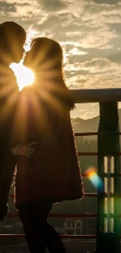 Couple embracing at sunset with a stunning background.